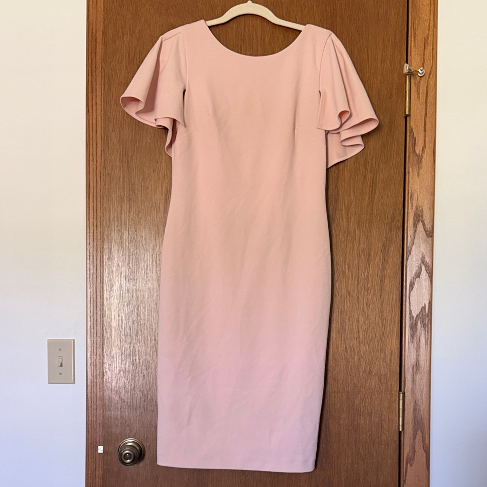 Calvin Klein Blush Pink Midi Sheath Dress with Flutter Sleeves